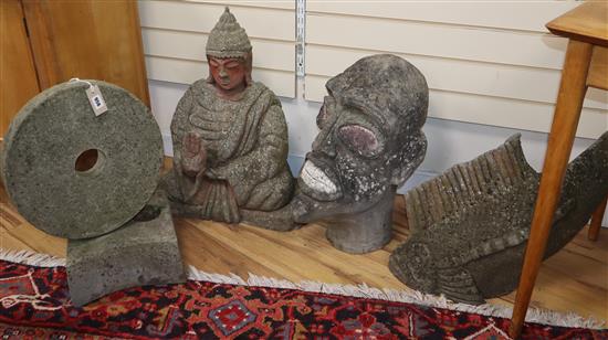 A garden figure of Buddha, fish, tribal head and sculpture (4)